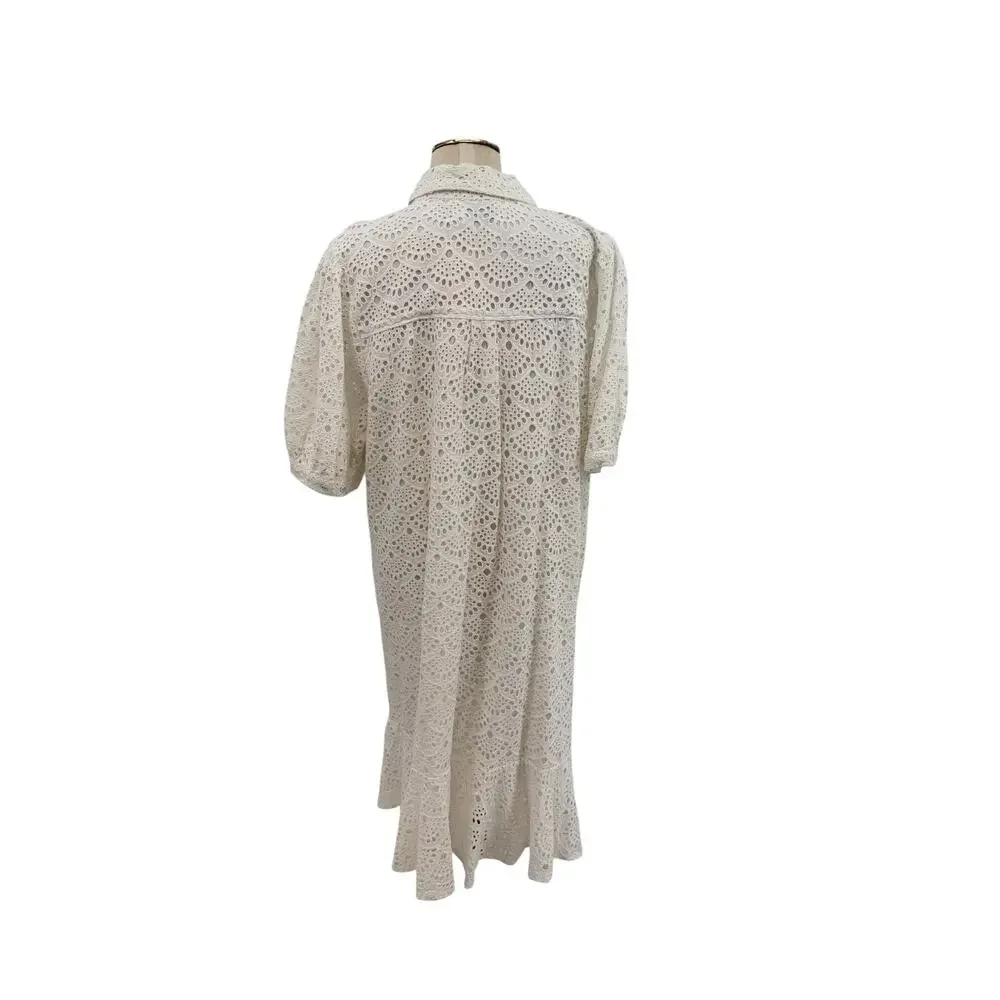 Tanya Taylor Aliciana Eyelet Lace Shirt Dress White Cotton Midi Size 18 NWT